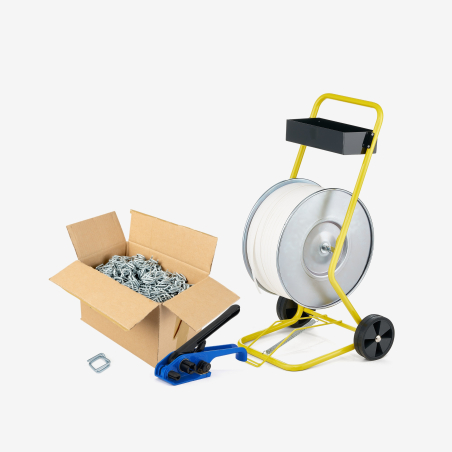 Pallet strapping kit - 19mm tape, 19mm wire buckles, trolley, tensioner